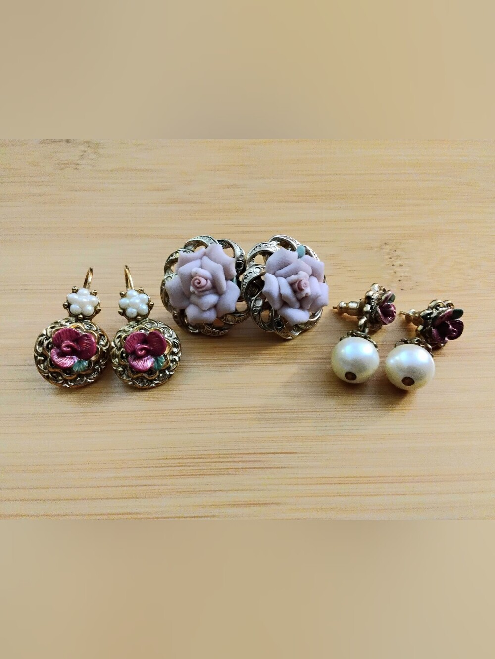 Vintage 3 Lot 1928 Style Flower Earrings Costume Jewelry
